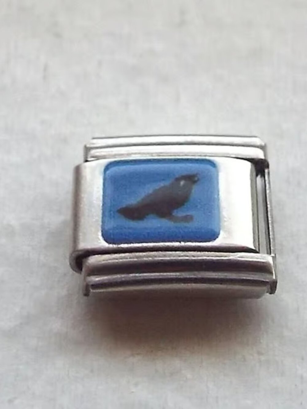 Black crow/ raven on blue enamel 9mm stainless steel italian charm bracelet link